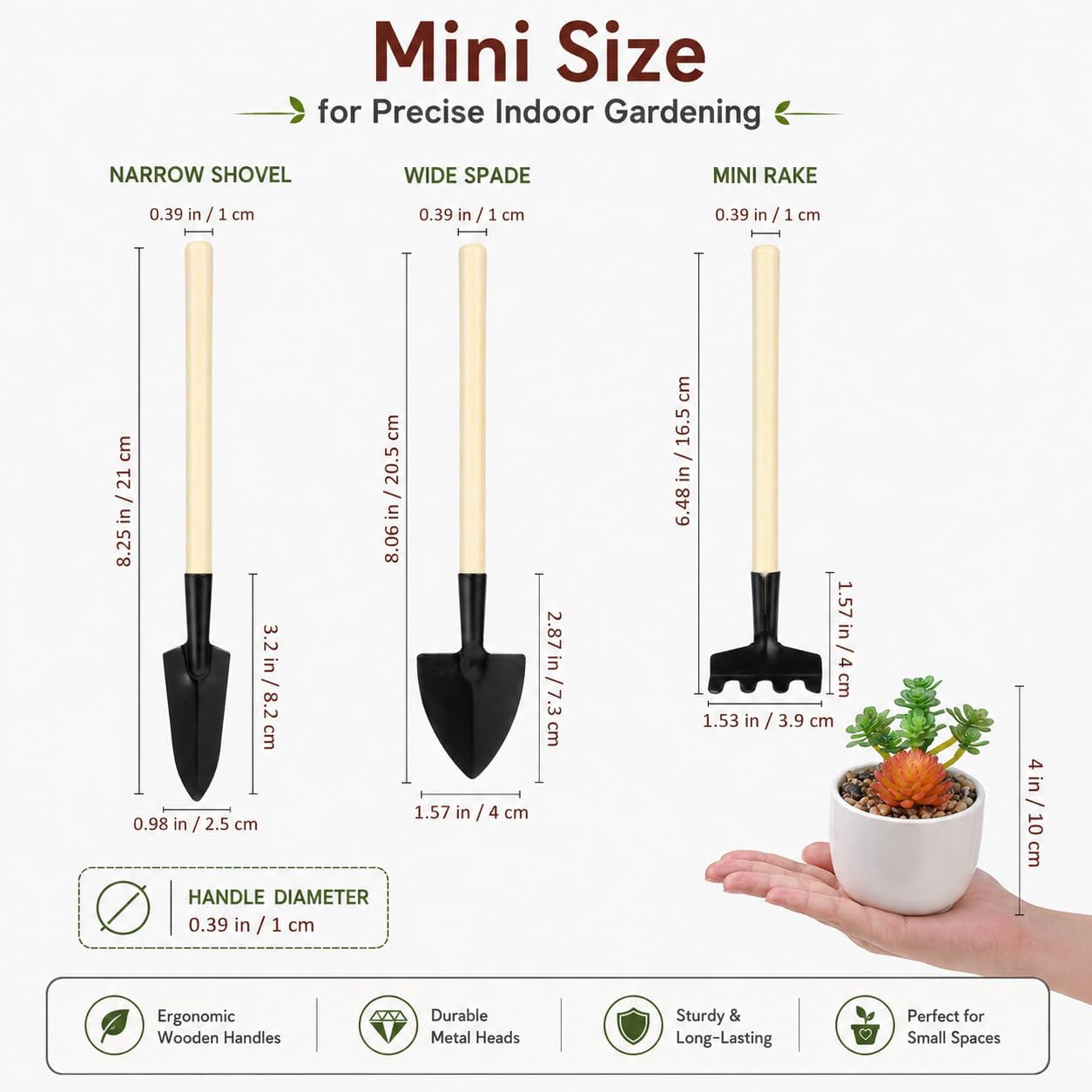 Mini Garden Tools Set, 6 Pcs Small Gardening Kit with Wooden Handle Rake, Shovel & Spade for Succulents, Bonsai, Terrariums, Houseplants, Potted Plants