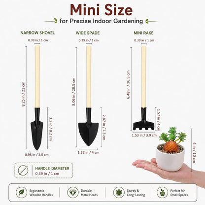 Mini Garden Tools Set, 6 Pcs Small Gardening Kit with Wooden Handle Rake, Shovel & Spade for Succulents, Bonsai, Terrariums, Houseplants, Potted Plants