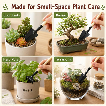 Mini Garden Tools Set, 6 Pcs Small Gardening Kit with Wooden Handle Rake, Shovel & Spade for Succulents, Bonsai, Terrariums, Houseplants, Potted Plants