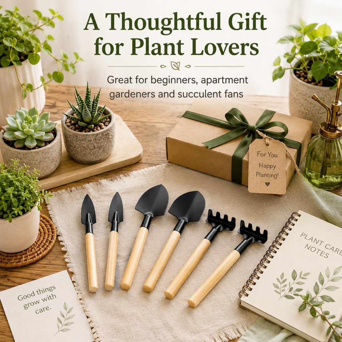 Mini Garden Tools Set, 6 Pcs Small Gardening Kit with Wooden Handle Rake, Shovel & Spade for Succulents, Bonsai, Terrariums, Houseplants, Potted Plants