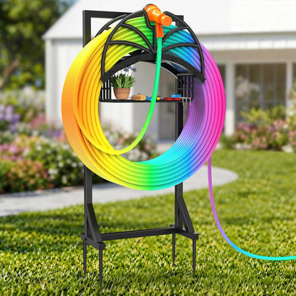Garden Water Hose Holder Freestanding with Storage Basket for Outside
