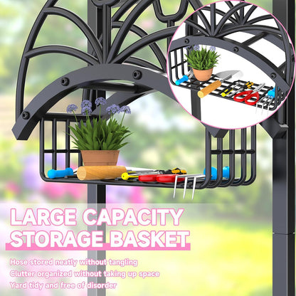 Garden Water Hose Holder Freestanding with Storage Basket for Outside