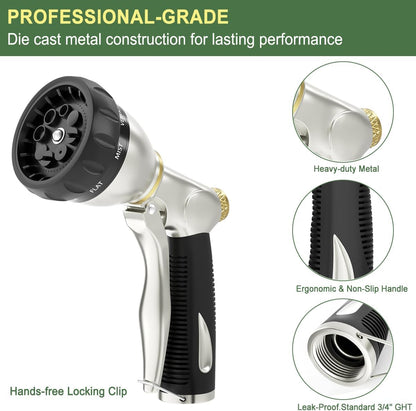 8 Spray Patterns Metal Garden Hose Nozzle with Hands-Free Lock