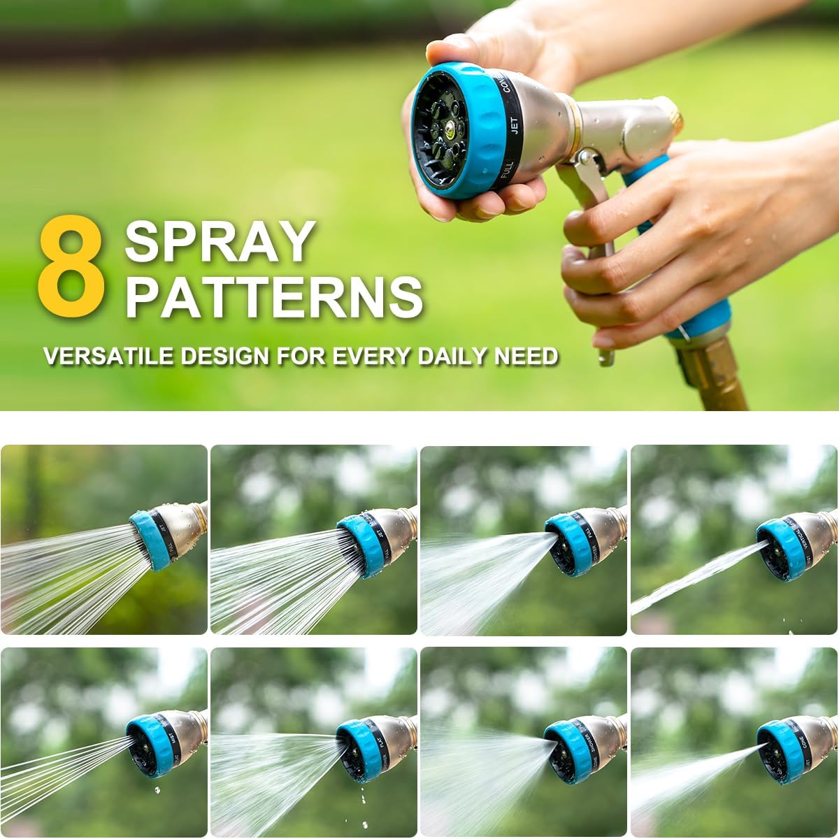 8 Spray Patterns Metal Garden Hose Nozzle with Hands-Free Lock