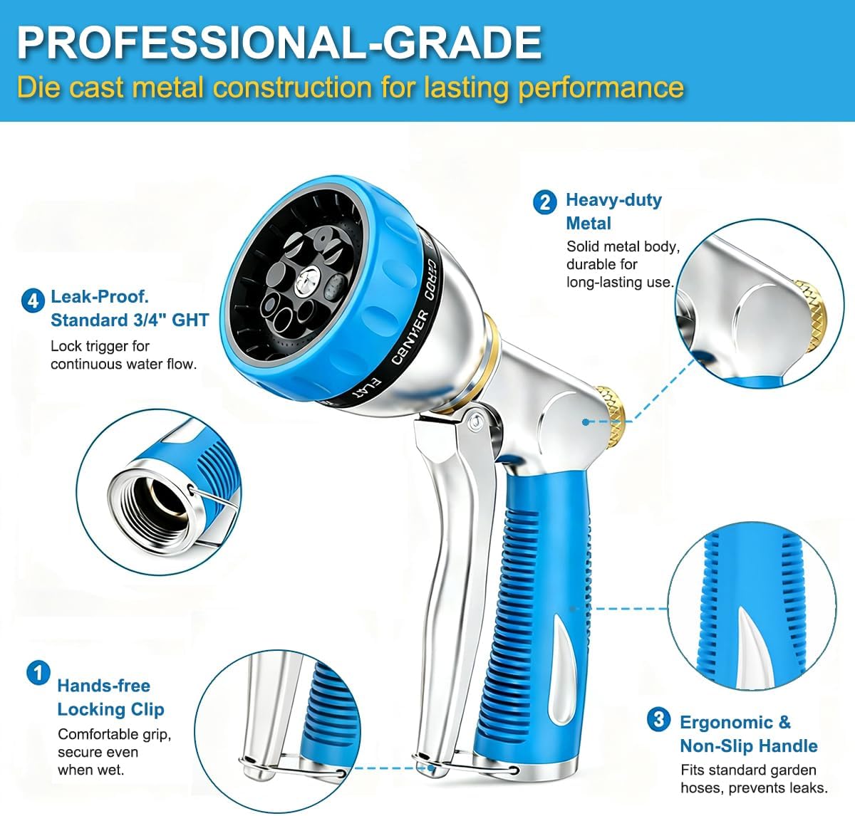 8 Spray Patterns Metal Garden Hose Nozzle with Hands-Free Lock