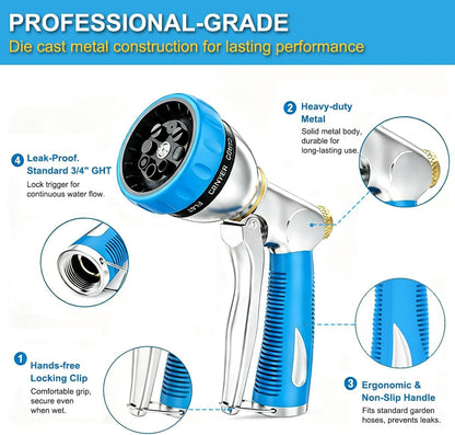 8 Spray Patterns Metal Garden Hose Nozzle with Hands-Free Lock