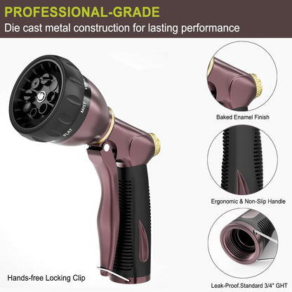 8 Spray Patterns Metal Garden Hose Nozzle with Hands-Free Lock