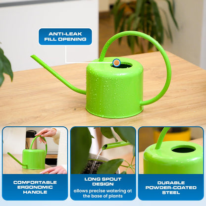 Long Spout Watering Can Indoor Plants, 40 oz Small Watering Can Pot Metal for Garden Flowers House Plants Mini, Powder Coated,Gift for Mom Girlfriend Daughter, Green