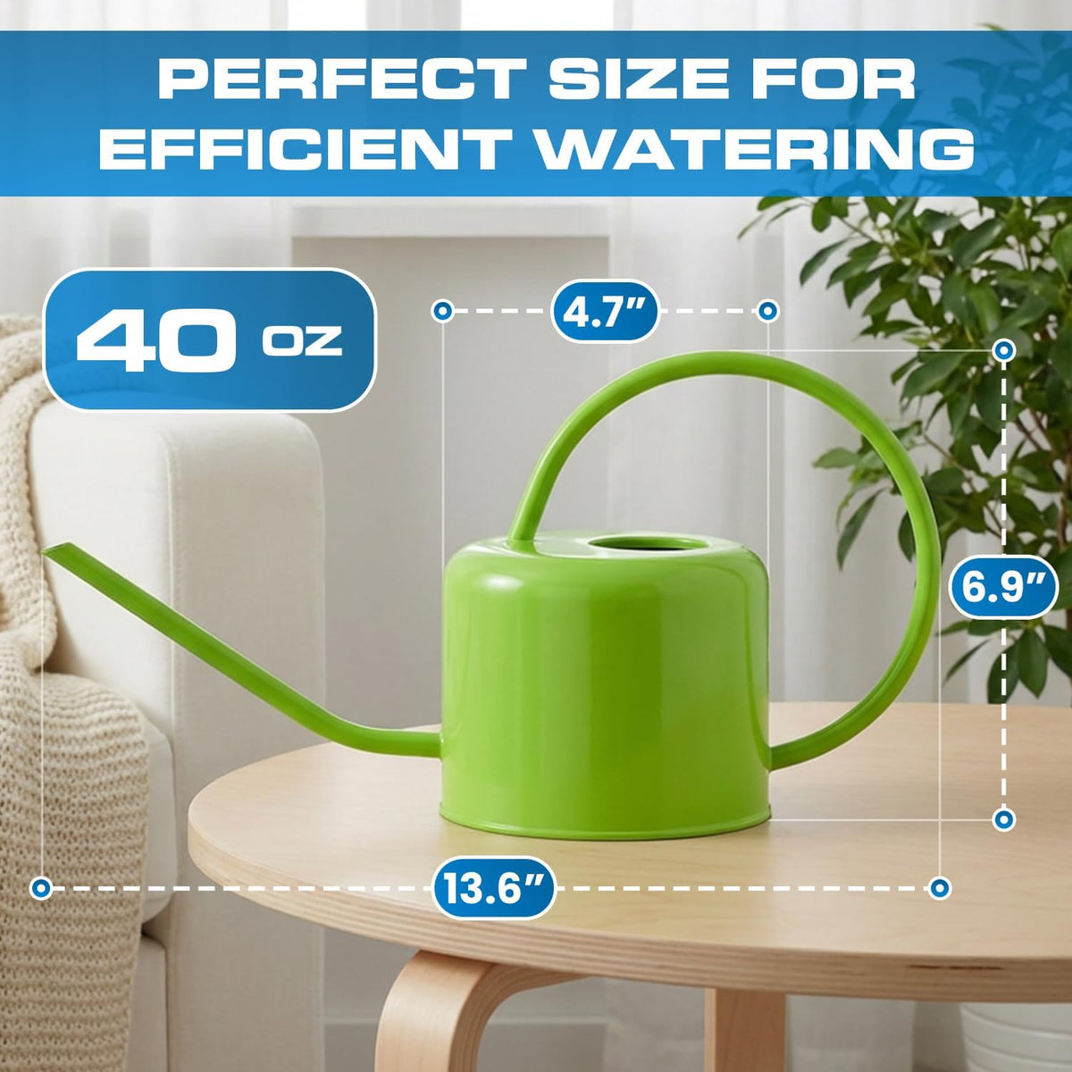 Long Spout Watering Can Indoor Plants, 40 oz Small Watering Can Pot Metal for Garden Flowers House Plants Mini, Powder Coated,Gift for Mom Girlfriend Daughter, Green