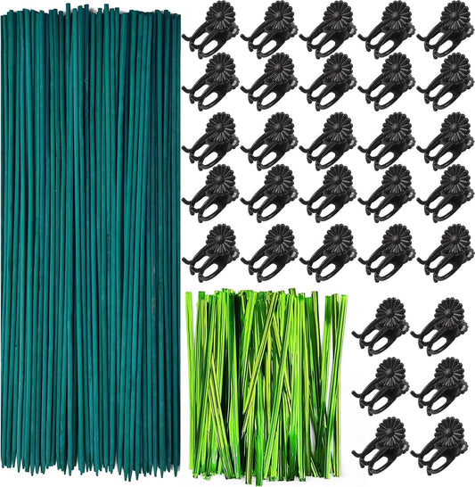 200PCS/Set Bamboo Plant Stakes Kit, 50PCS Orchid Clips with 50PCS 18” Green Bamboo Plant Stakes, 100PCS Metallic Twist Ties for Supporting Stems Vines Stalks Grow Upright (Green)