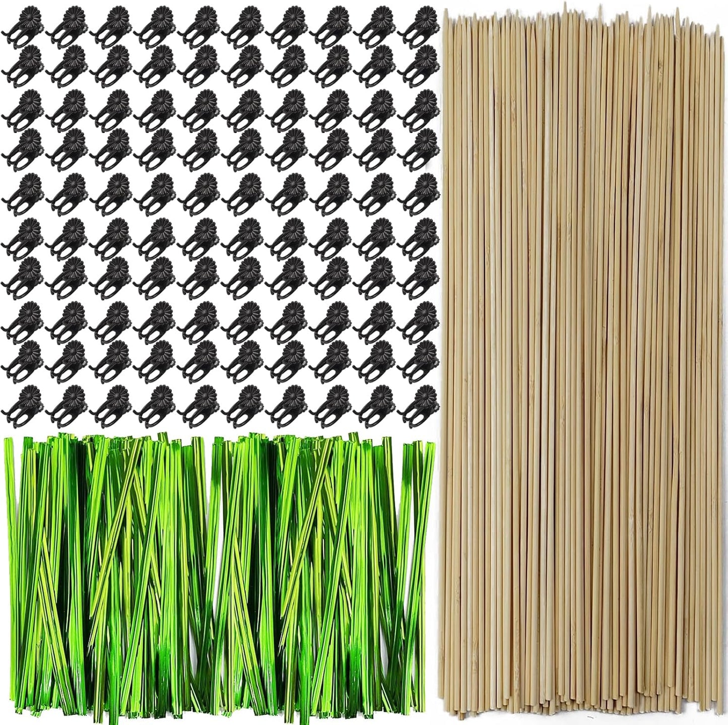 200PCS/Set Bamboo Plant Stakes Kit, 50PCS Orchid Clips with 50PCS 18” Green Bamboo Plant Stakes, 100PCS Metallic Twist Ties for Supporting Stems Vines Stalks Grow Upright (Green)