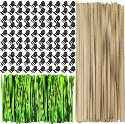 200PCS/Set Bamboo Plant Stakes Kit, 50PCS Orchid Clips with 50PCS 18” Green Bamboo Plant Stakes, 100PCS Metallic Twist Ties for Supporting Stems Vines Stalks Grow Upright (Green)