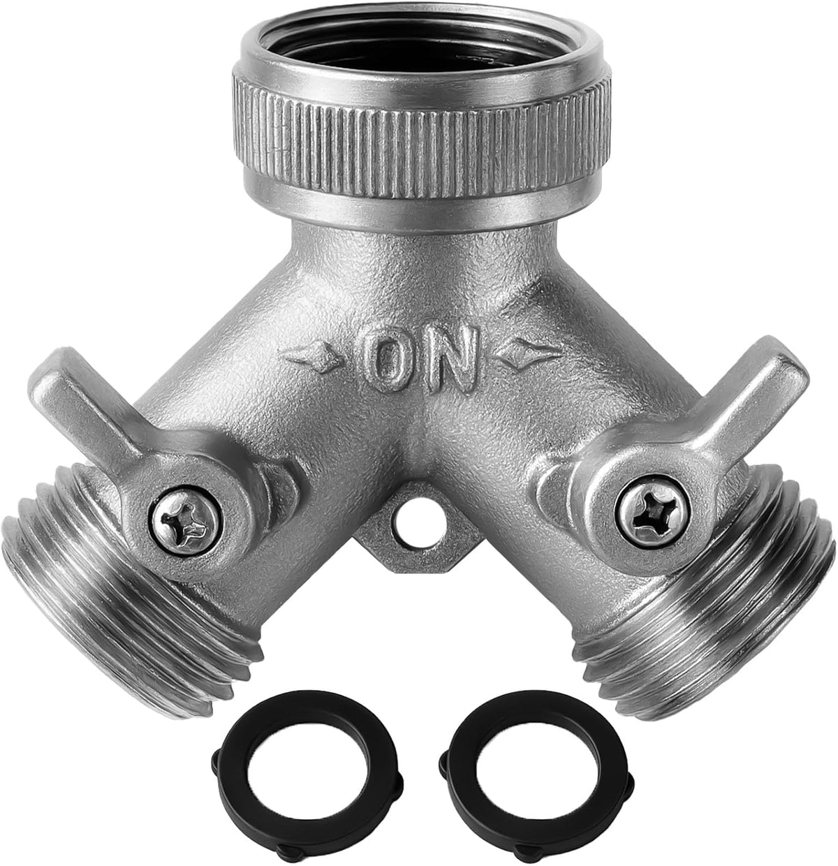 Heavy Duty Nickel Plated Brass 2 way Y Splitter Garden Hose Hexagonal Connector with Comfortable Grip Shut Off Valves, Adapter for Water Tap, Outlet, & Spigot, Includes 2 Extra Rubber Washers