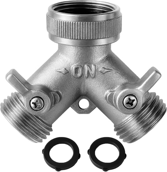 Heavy Duty Nickel Plated Brass 2 way Y Splitter Garden Hose Hexagonal Connector with Comfortable Grip Shut Off Valves, Adapter for Water Tap, Outlet, & Spigot, Includes 2 Extra Rubber Washers