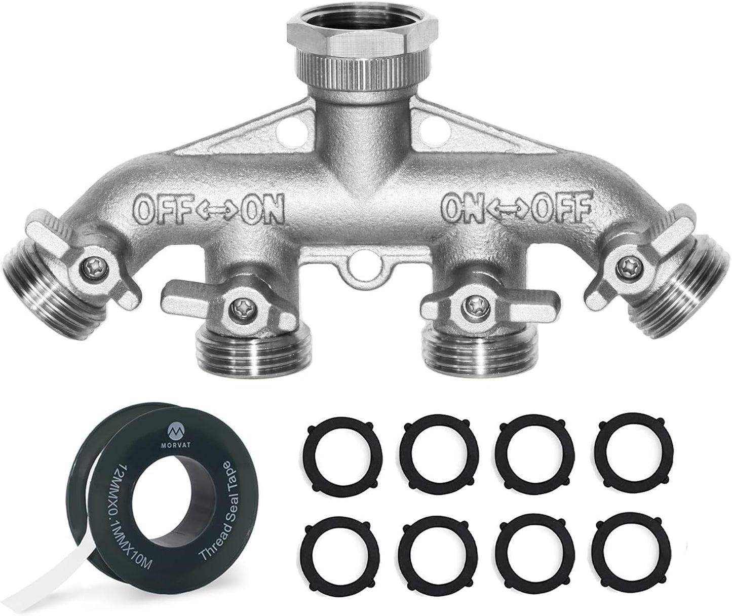 Heavy Duty Nickel Plated Brass 2 way Y Splitter Garden Hose Hexagonal Connector with Comfortable Grip Shut Off Valves, Adapter for Water Tap, Outlet, & Spigot, Includes 2 Extra Rubber Washers