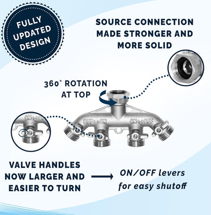 Heavy Duty Nickel Plated Brass 2 way Y Splitter Garden Hose Hexagonal Connector with Comfortable Grip Shut Off Valves, Adapter for Water Tap, Outlet, & Spigot, Includes 2 Extra Rubber Washers