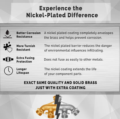 Heavy Duty Nickel Plated Brass 2 way Y Splitter Garden Hose Hexagonal Connector with Comfortable Grip Shut Off Valves, Adapter for Water Tap, Outlet, & Spigot, Includes 2 Extra Rubber Washers