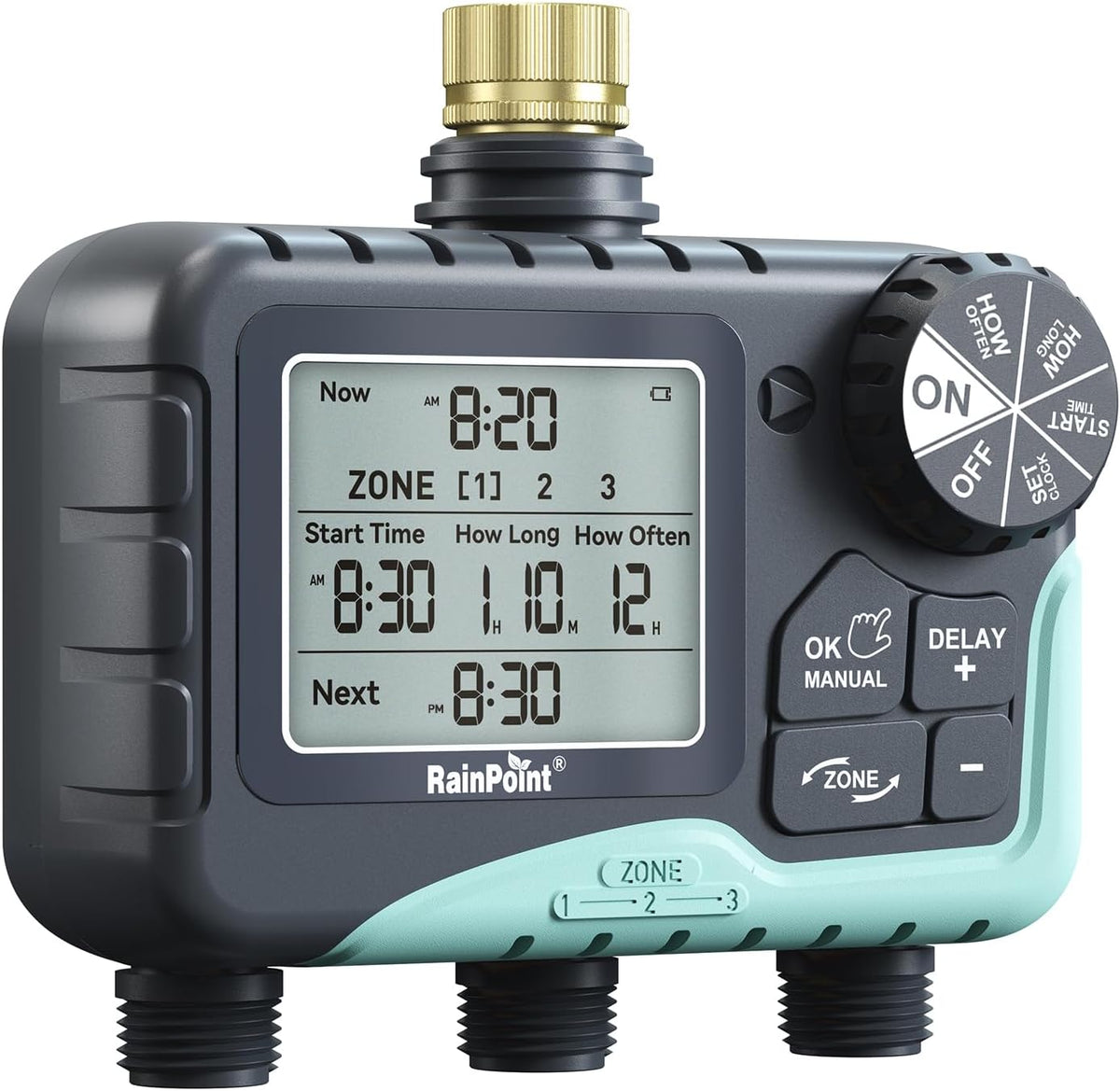 3 Zone Sprinkler Timer with Brass Inlet, Water Timer for Garden Hose,Rain Delay/Manual/Automatic Watering System, Hose,Hose Timers for Watering with IP65 Waterproof, Large LCD for Yard