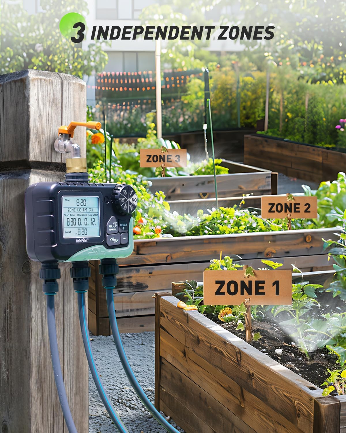 3 Zone Sprinkler Timer with Brass Inlet, Water Timer for Garden Hose,Rain Delay/Manual/Automatic Watering System, Hose,Hose Timers for Watering with IP65 Waterproof, Large LCD for Yard
