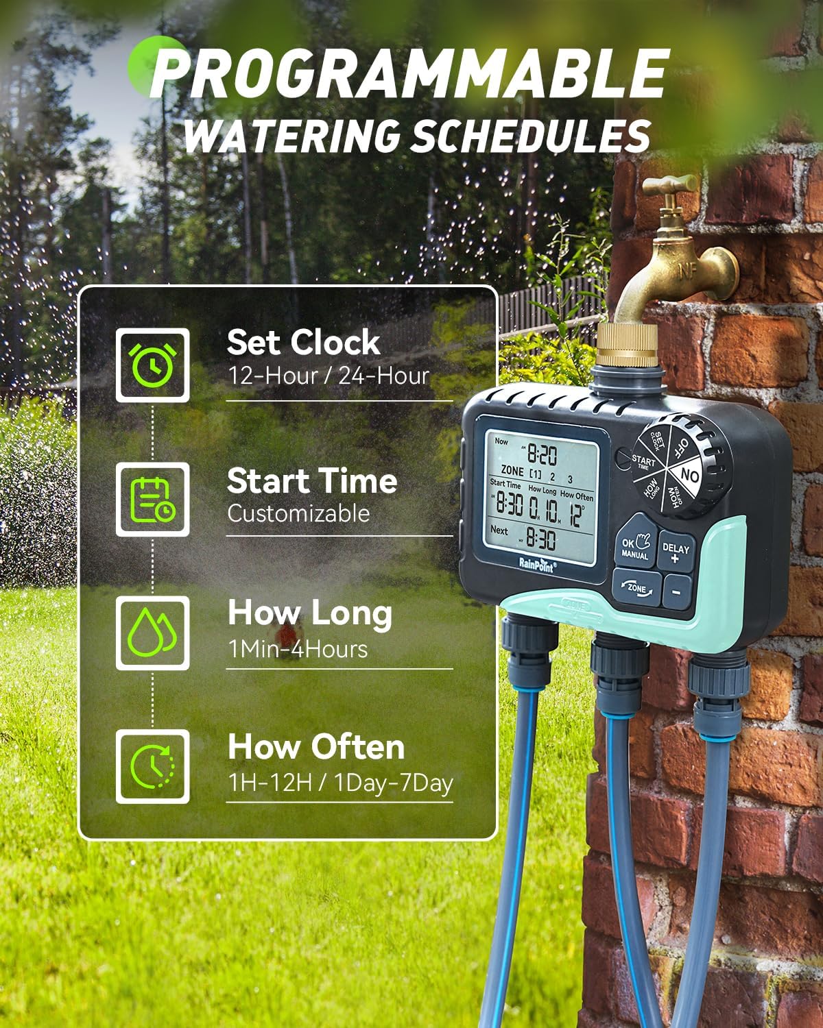 3 Zone Sprinkler Timer with Brass Inlet, Water Timer for Garden Hose,Rain Delay/Manual/Automatic Watering System, Hose,Hose Timers for Watering with IP65 Waterproof, Large LCD for Yard