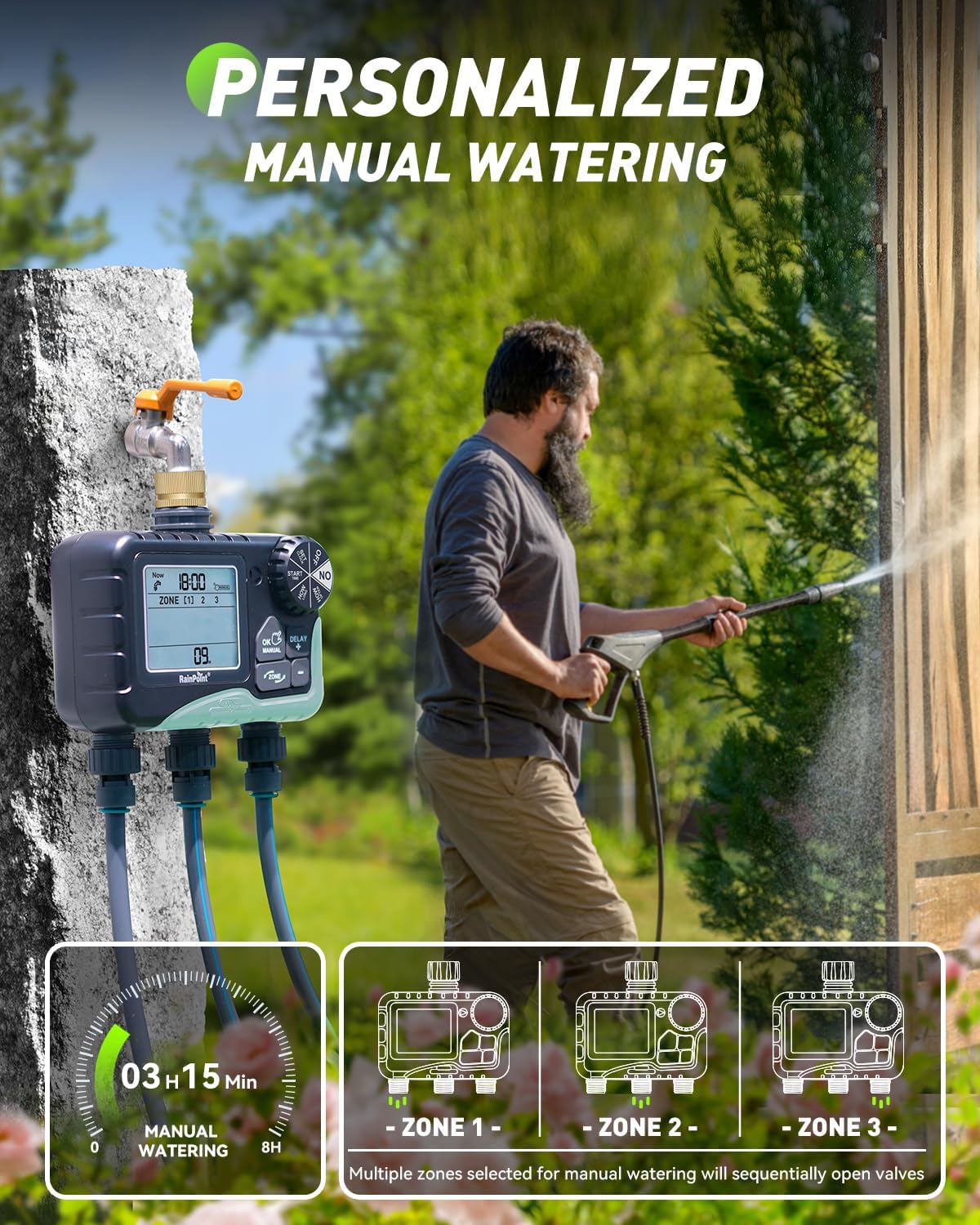 3 Zone Sprinkler Timer with Brass Inlet, Water Timer for Garden Hose,Rain Delay/Manual/Automatic Watering System, Hose,Hose Timers for Watering with IP65 Waterproof, Large LCD for Yard