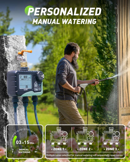 3 Zone Sprinkler Timer with Brass Inlet, Water Timer for Garden Hose,Rain Delay/Manual/Automatic Watering System, Hose,Hose Timers for Watering with IP65 Waterproof, Large LCD for Yard