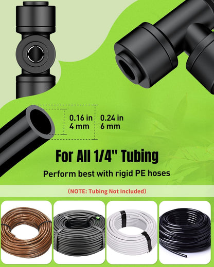 40 Pcs Quick Connect Drip Irrigation Fittings Kit for 1/4" Tubing, Push-to-Fit Drip Line Connectors Set with 10 Tees, 10 Couplings, 10 Elbows & 10 End Plugs, Anti-Leak Drip Irrigation Parts