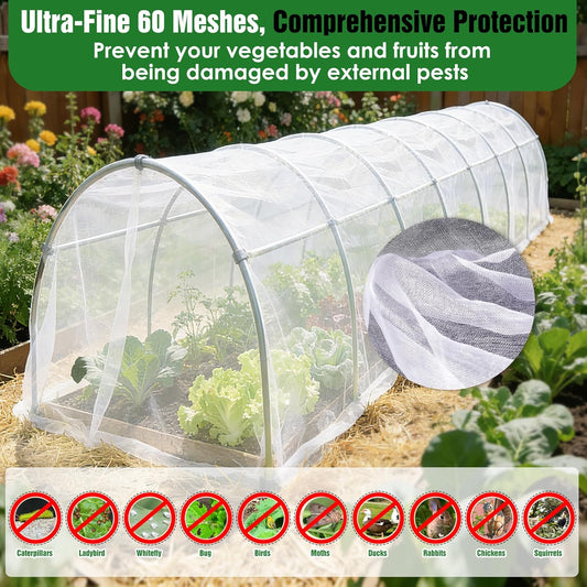 10 X 50FT Garden Mesh Netting Ultra Fine Mesh Netting Pest Barrier, Insect Bug Bird Netting for Vegetables Fruit Flower Garden Protection, Thickened 60 Mesh Row Covers Fabric Screen from Birds Bugs