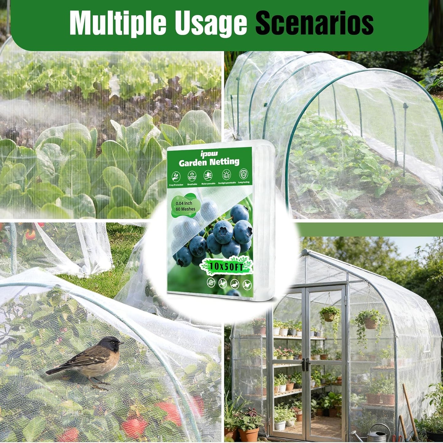 10 X 50FT Garden Mesh Netting Ultra Fine Mesh Netting Pest Barrier, Insect Bug Bird Netting for Vegetables Fruit Flower Garden Protection, Thickened 60 Mesh Row Covers Fabric Screen from Birds Bugs