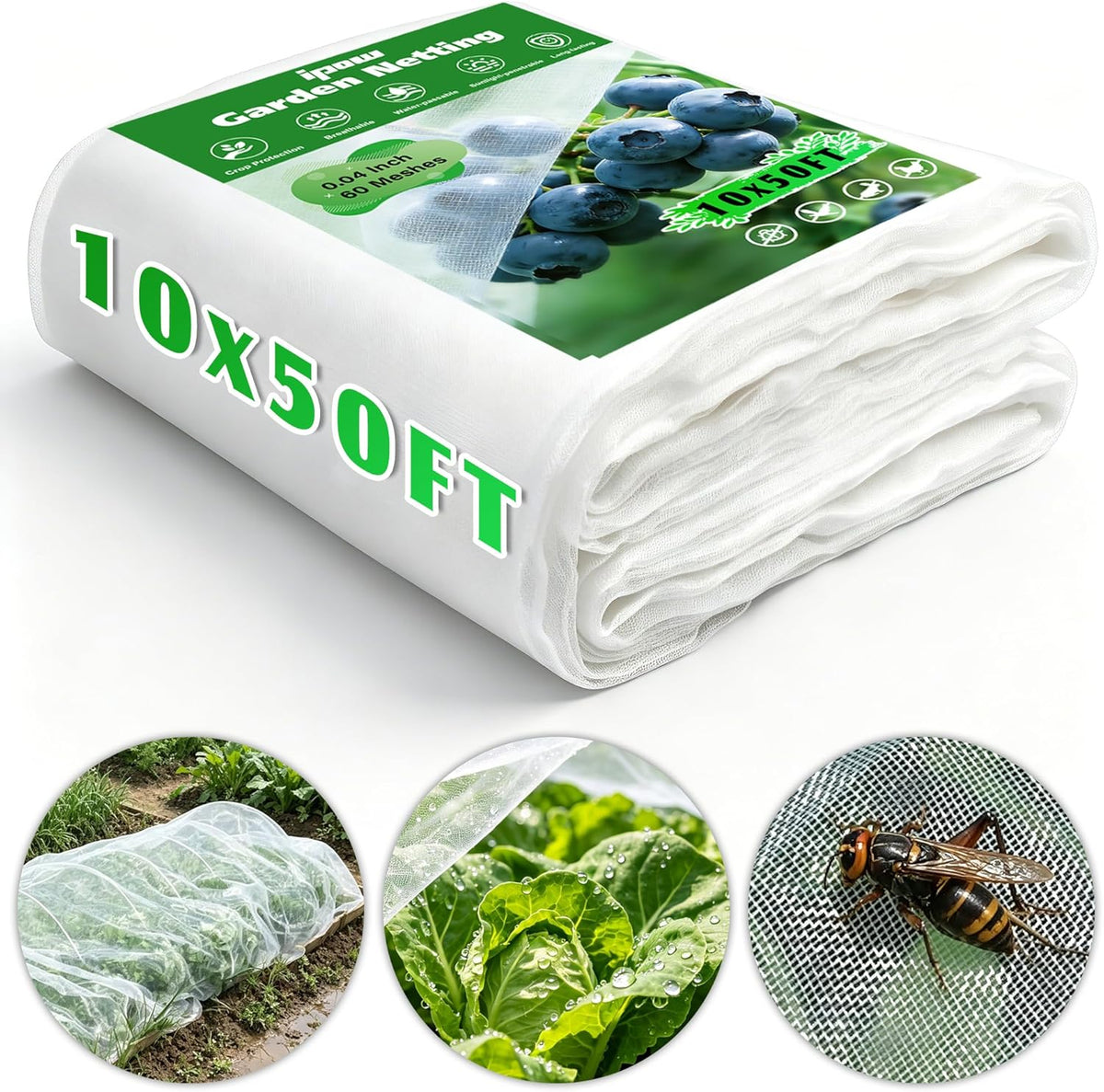 10 X 50FT Garden Mesh Netting Ultra Fine Mesh Netting Pest Barrier, Insect Bug Bird Netting for Vegetables Fruit Flower Garden Protection, Thickened 60 Mesh Row Covers Fabric Screen from Birds Bugs