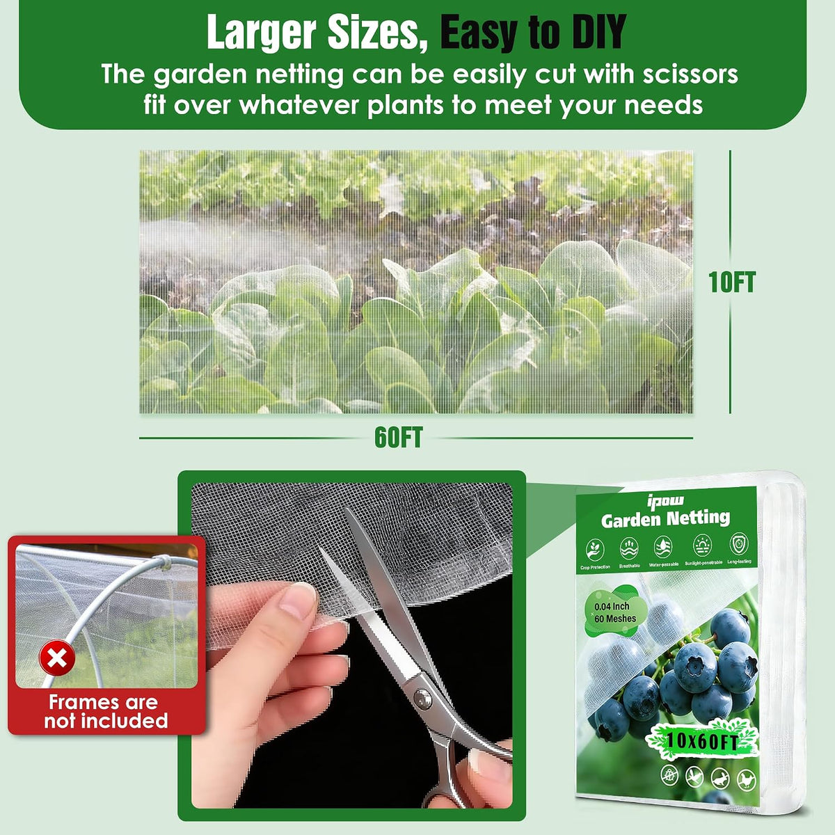 10 X 50FT Garden Mesh Netting Ultra Fine Mesh Netting Pest Barrier, Insect Bug Bird Netting for Vegetables Fruit Flower Garden Protection, Thickened 60 Mesh Row Covers Fabric Screen from Birds Bugs