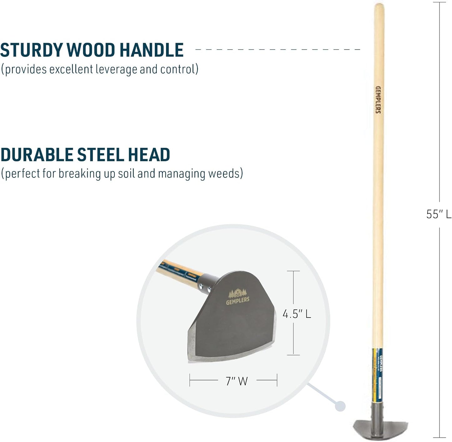 7" Field Hoe with Wood Handle for Weeding and Cultivating, Steel Gardening Tool