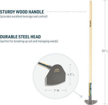 7" Field Hoe with Wood Handle for Weeding and Cultivating, Steel Gardening Tool