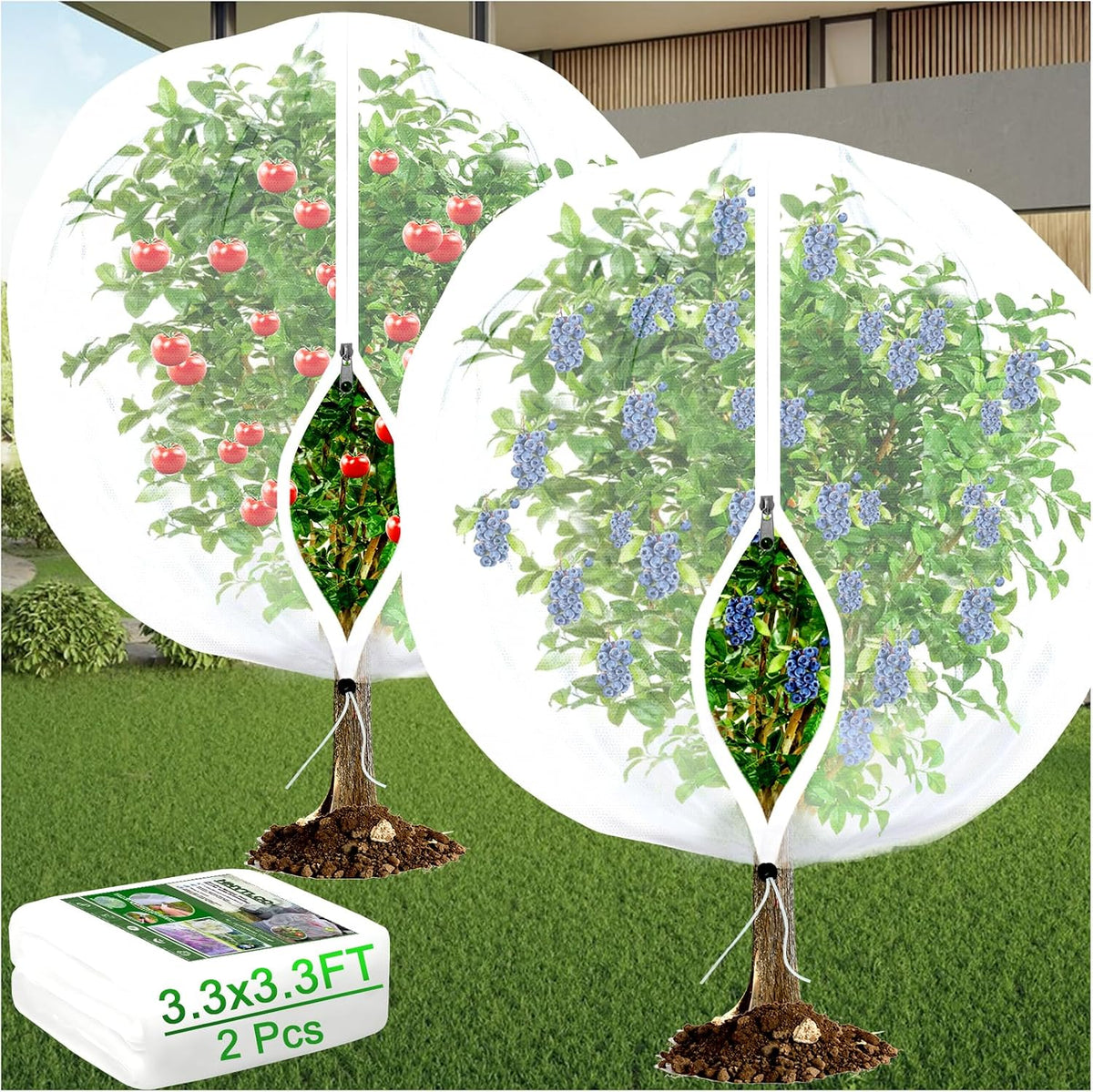 Large Fruit Trees Netting Cicadas - 2Pcs 3.3X3.3FT with Zipper and Drawstring,bird Mesh Covers for blueberry bushes,Garden Apple Pear Peach Orange Tree Fruit Tomato Bug Plant Protection (2, 3.3X3.3FT)