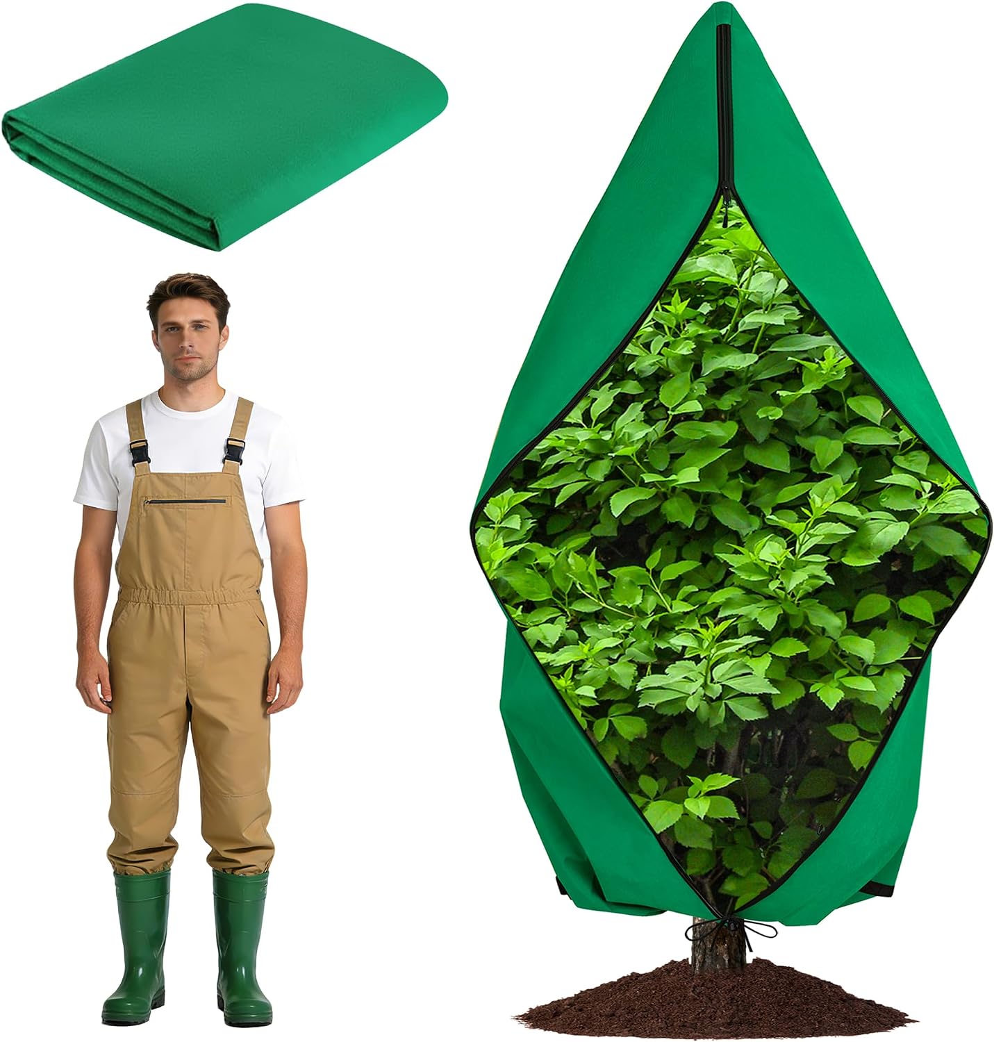 Zip A Plant Covers Freeze Protection, Winter Cold Weather Frost Blankets with Drawstring, Zip-Up Warm Plant Cover for Cedars, Juniper, Cypress Trees and Christmas Tree (1, Green)