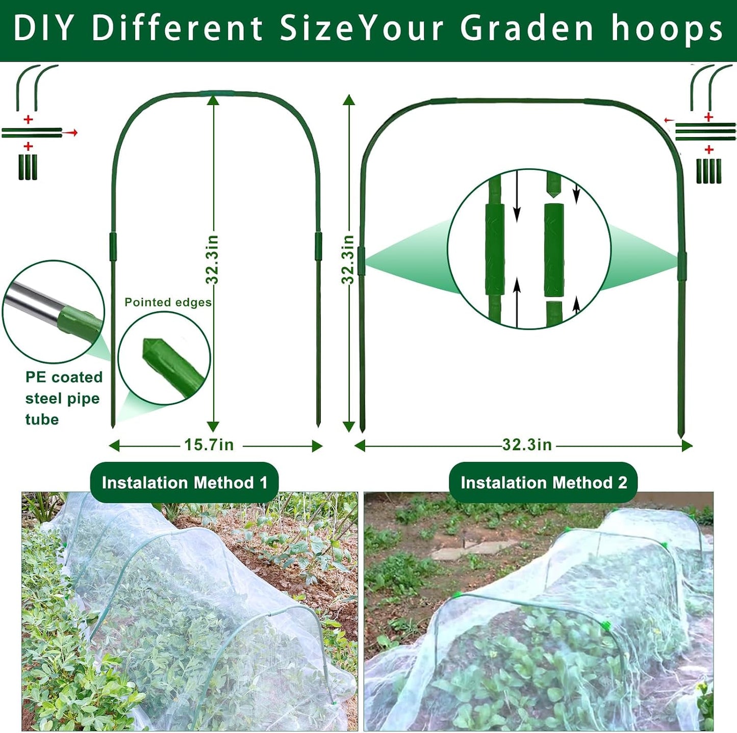 Garden Hoops for Raised beds, 10 Sets DIY Rust-Free Garden Tunnel 32.3"x 32.3" Greenhouse Hoops for Row Cover Garden Netting, Reuseable Plastic-Coated Steel Grow Tunnel Support Frame