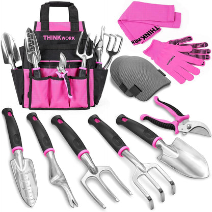 Pink Garden Tools, Gardening Gifts for Women, with 2 in 1 Detachable Storage Bag, Trowel, Transplanter, Rake, Weeder, Cultivator, Purning Shears and 3 Additional Protection Tools