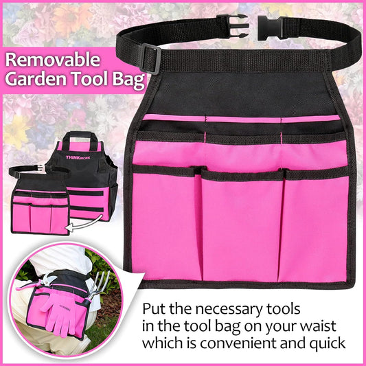 Pink Garden Tools, Gardening Gifts for Women, with 2 in 1 Detachable Storage Bag, Trowel, Transplanter, Rake, Weeder, Cultivator, Purning Shears and 3 Additional Protection Tools