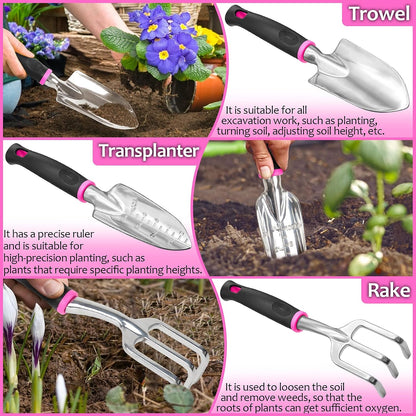 Pink Garden Tools, Gardening Gifts for Women, with 2 in 1 Detachable Storage Bag, Trowel, Transplanter, Rake, Weeder, Cultivator, Purning Shears and 3 Additional Protection Tools
