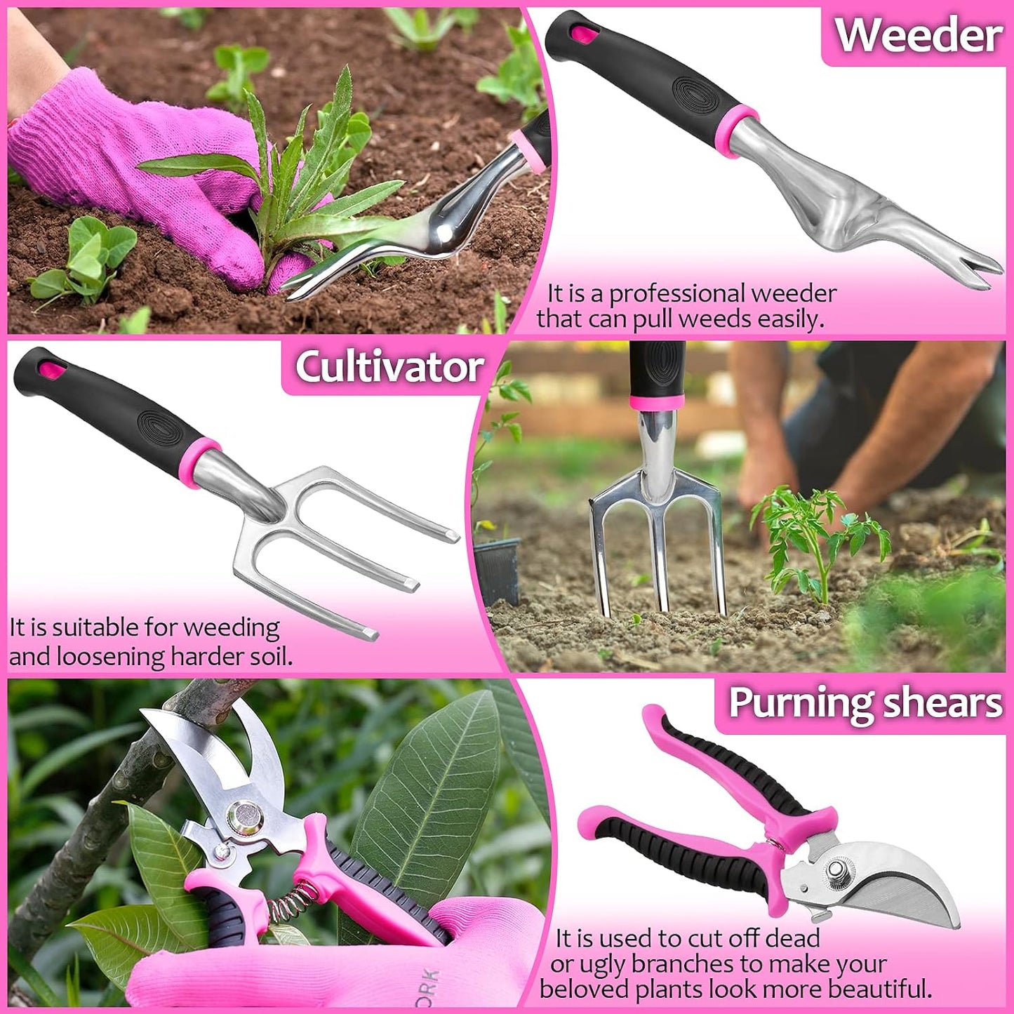 Pink Garden Tools, Gardening Gifts for Women, with 2 in 1 Detachable Storage Bag, Trowel, Transplanter, Rake, Weeder, Cultivator, Purning Shears and 3 Additional Protection Tools