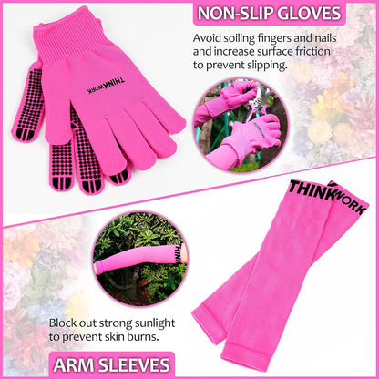 Pink Garden Tools, Gardening Gifts for Women, with 2 in 1 Detachable Storage Bag, Trowel, Transplanter, Rake, Weeder, Cultivator, Purning Shears and 3 Additional Protection Tools
