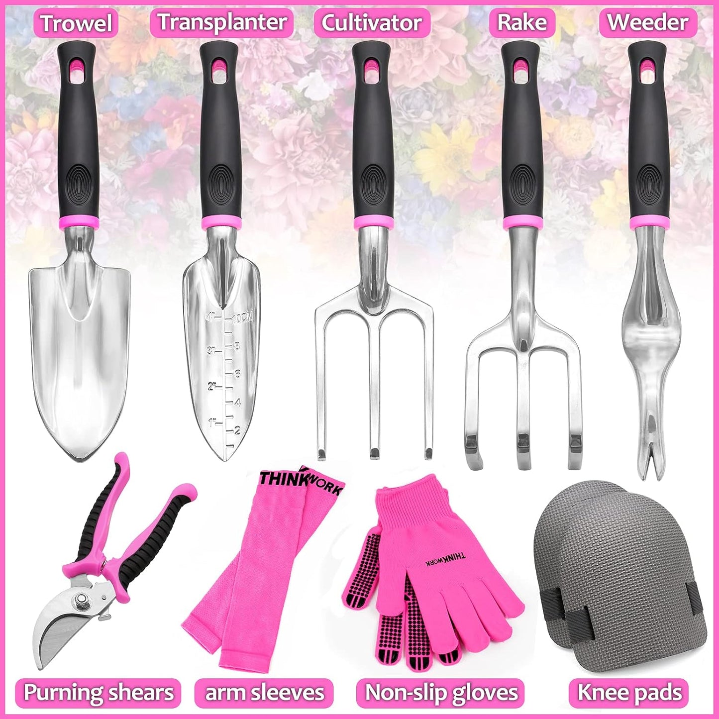Pink Garden Tools, Gardening Gifts for Women, with 2 in 1 Detachable Storage Bag, Trowel, Transplanter, Rake, Weeder, Cultivator, Purning Shears and 3 Additional Protection Tools