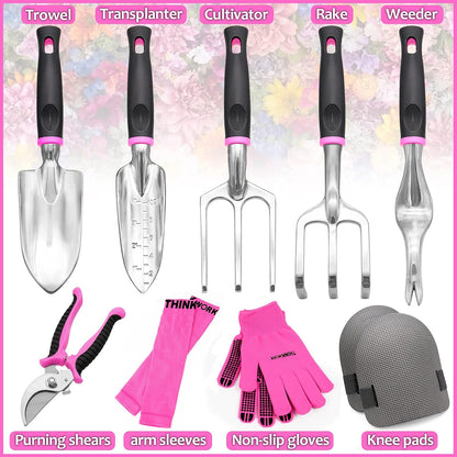 Pink Garden Tools, Gardening Gifts for Women, with 2 in 1 Detachable Storage Bag, Trowel, Transplanter, Rake, Weeder, Cultivator, Purning Shears and 3 Additional Protection Tools
