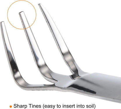 Root Rake, Stainless Steel 3 Prong Thickened Non-Slip Handle Loosening Soil Cultivator with Spatula for Backyard Bonsai Pot Planting, Silver