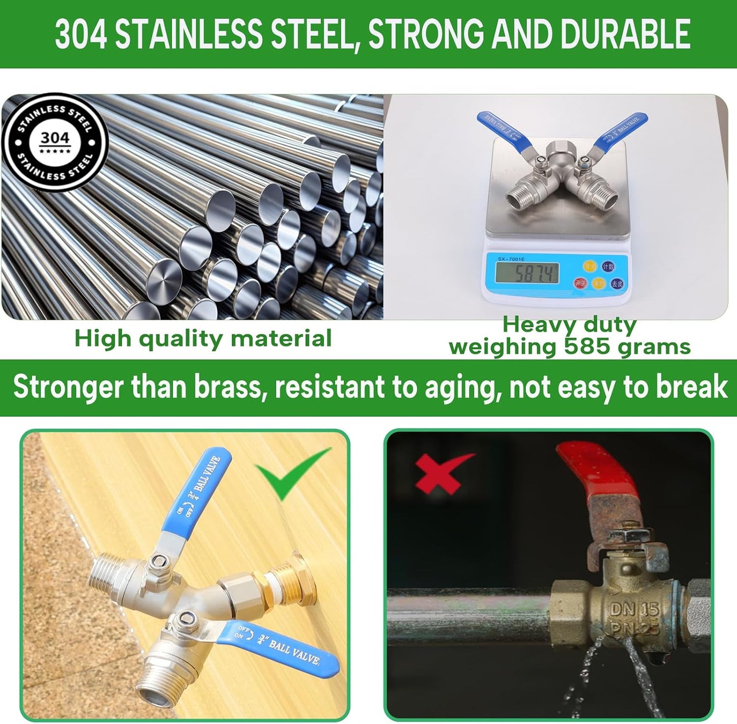 304 Stainless Steel Garden Hose Splitter 2 Way Heavy Duty, Full Flow Hose Y Splitter with Long Handle,Lead-free Y Valve Water Garden Hose Adapter,3/4" GHT Threads