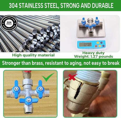 304 Stainless Steel Garden Hose Splitter 2 Way Heavy Duty, Full Flow Hose Y Splitter with Long Handle,Lead-free Y Valve Water Garden Hose Adapter,3/4" GHT Threads