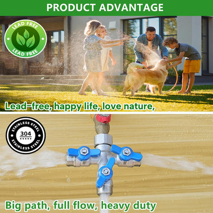 304 Stainless Steel Garden Hose Splitter 2 Way Heavy Duty, Full Flow Hose Y Splitter with Long Handle,Lead-free Y Valve Water Garden Hose Adapter,3/4" GHT Threads