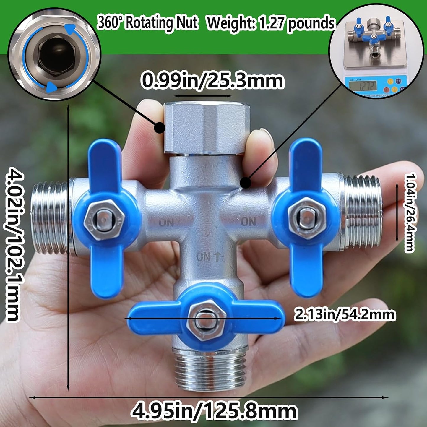 304 Stainless Steel Garden Hose Splitter 2 Way Heavy Duty, Full Flow Hose Y Splitter with Long Handle,Lead-free Y Valve Water Garden Hose Adapter,3/4" GHT Threads
