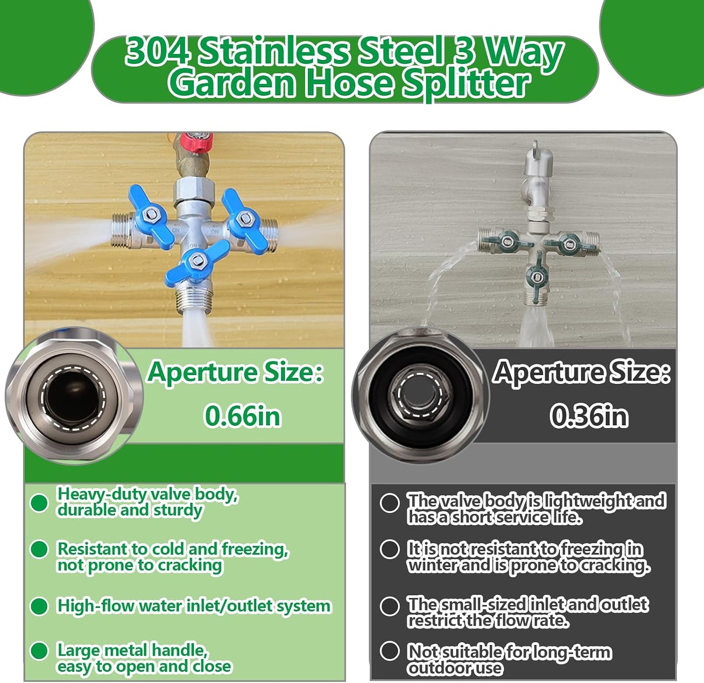 304 Stainless Steel Garden Hose Splitter 2 Way Heavy Duty, Full Flow Hose Y Splitter with Long Handle,Lead-free Y Valve Water Garden Hose Adapter,3/4" GHT Threads
