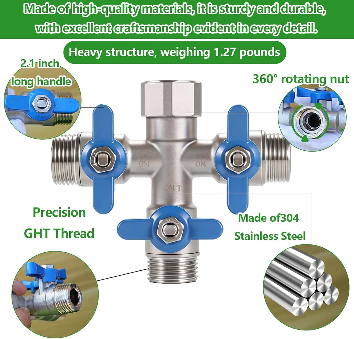 304 Stainless Steel Garden Hose Splitter 2 Way Heavy Duty, Full Flow Hose Y Splitter with Long Handle,Lead-free Y Valve Water Garden Hose Adapter,3/4" GHT Threads